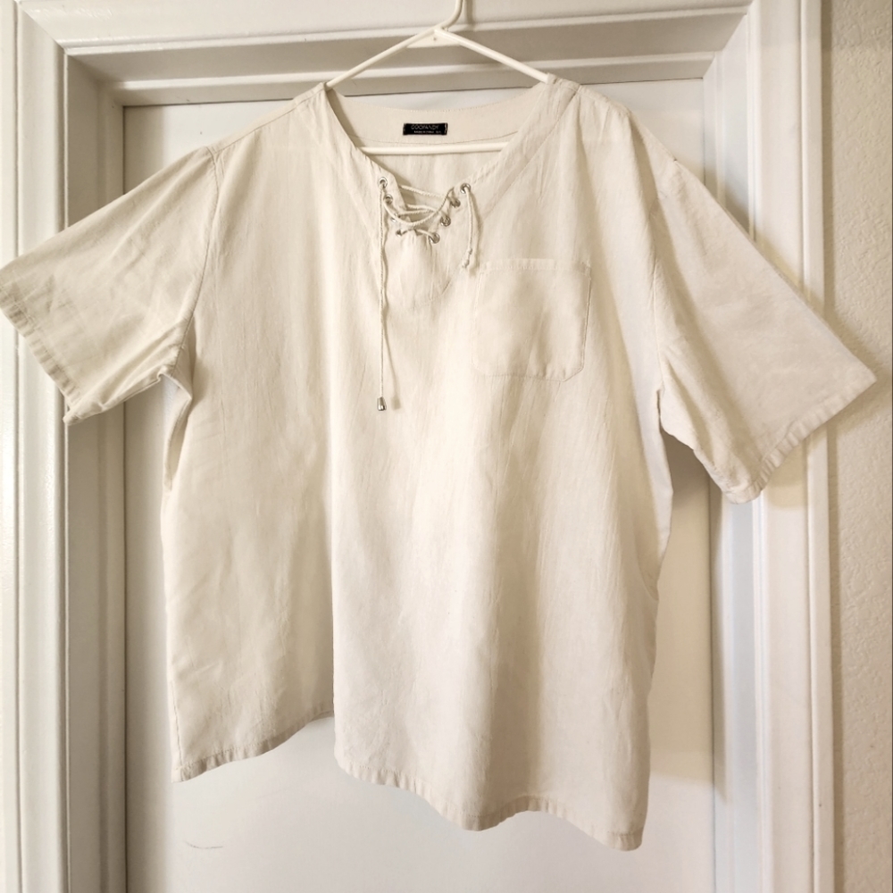 Short Sleeve Lace Up V-Neck Blouse/ Shirt - Cotton